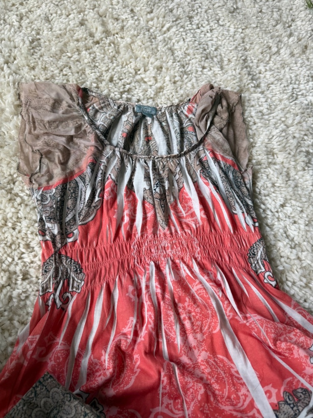 Paisley Coral and Taupe Smocked spring summer flowy Midi Dress - Picture 5 of 5
